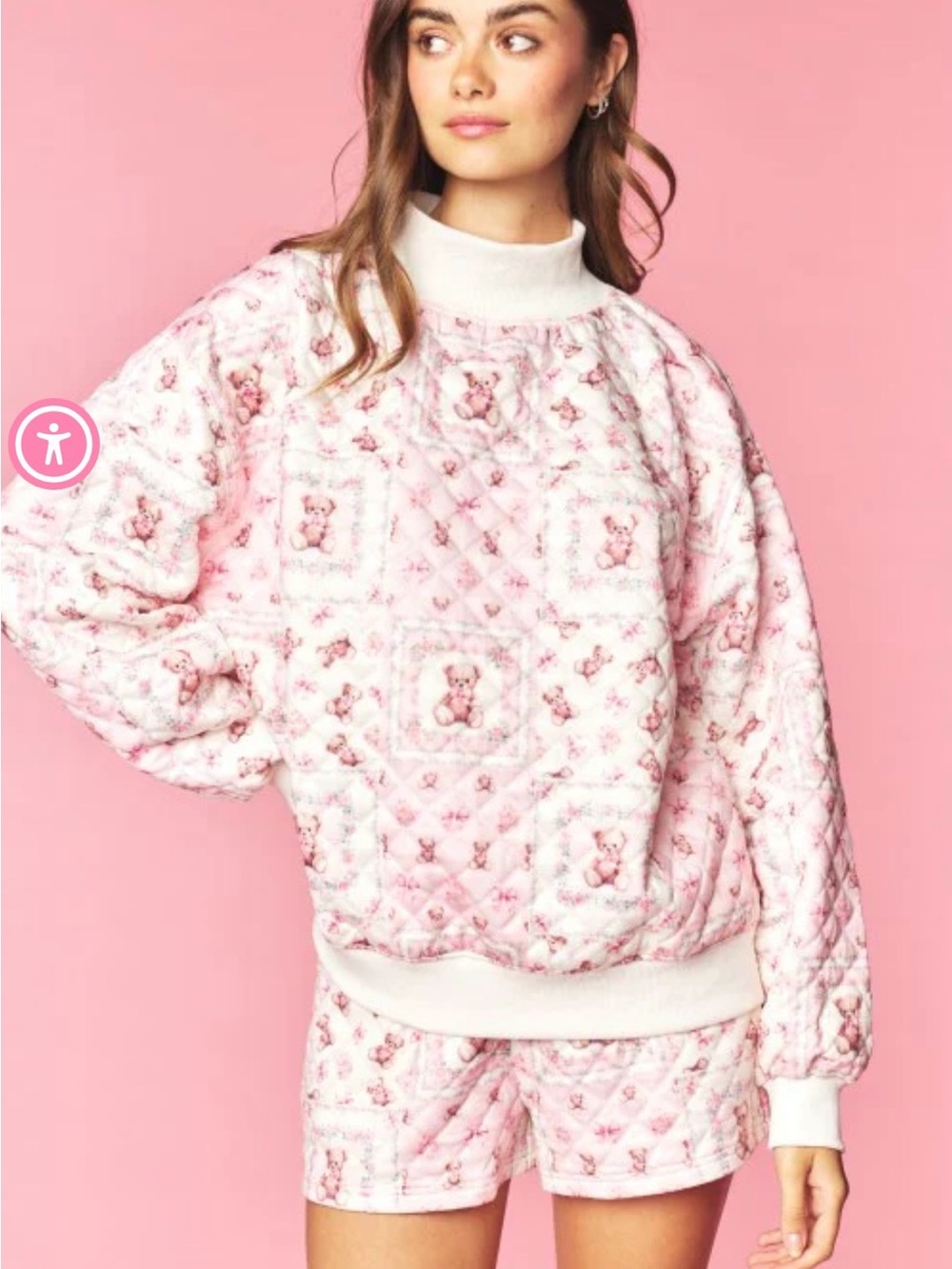 Quilted Pink Teddy Bear Sweatshirt and Shorts Set